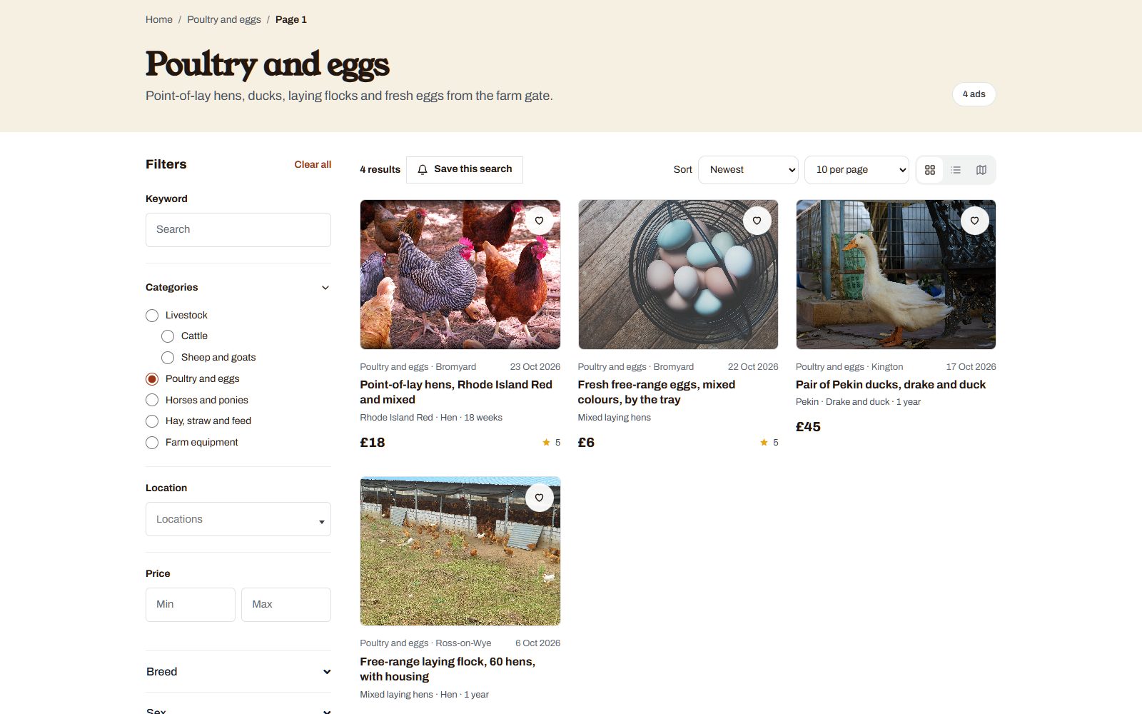 Eggs and poultry listed on Pasture, our demo farm site made with Yclas
