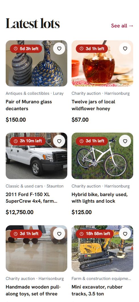 An auction site home page on a phone