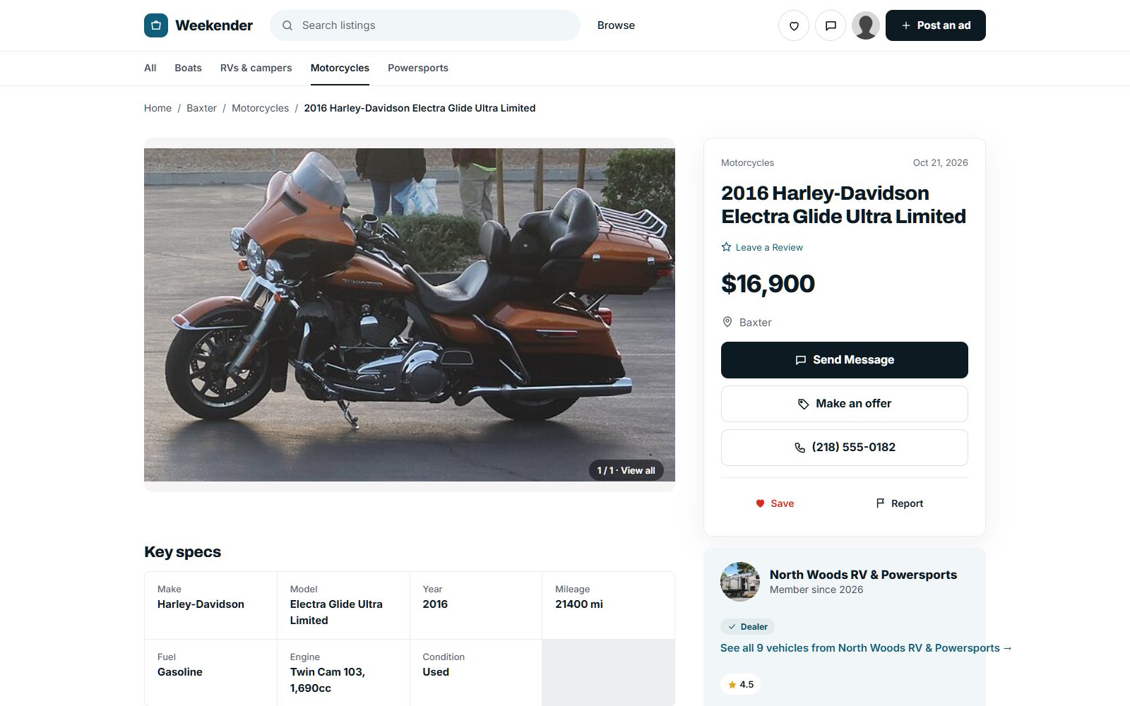 A motorbike listing on Weekender, a demo marketplace made with Yclas