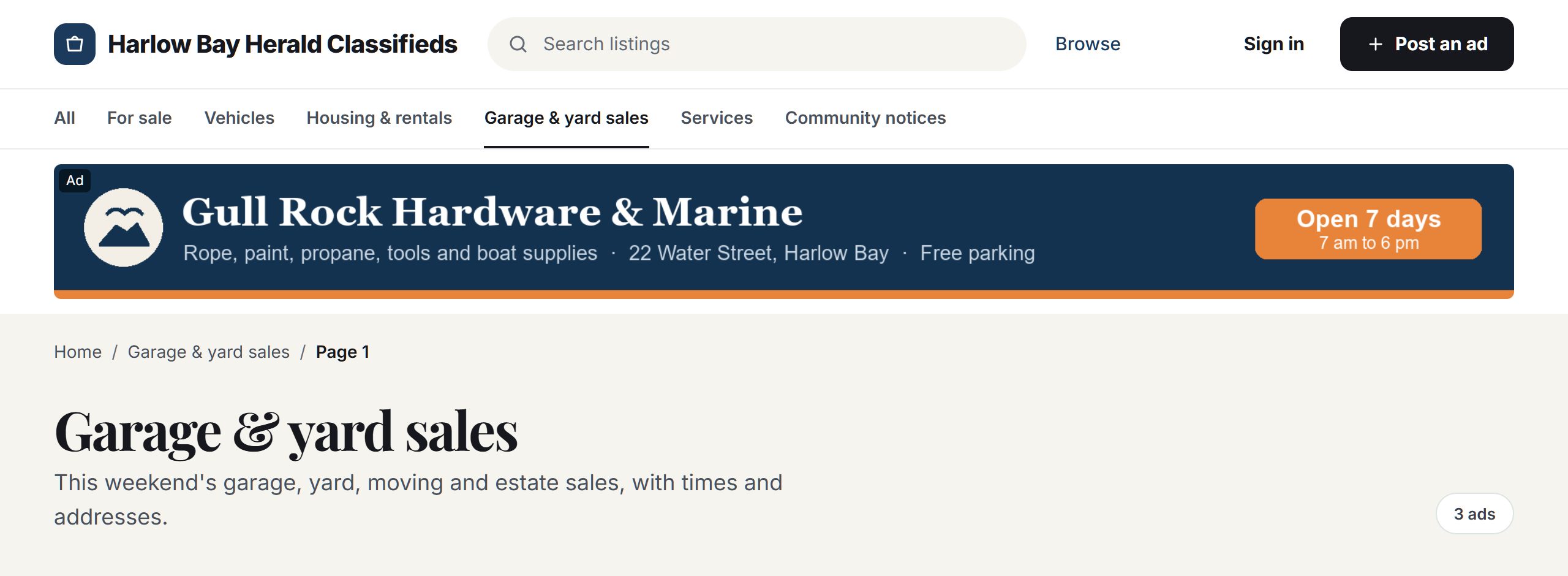 A local business banner on the classifieds