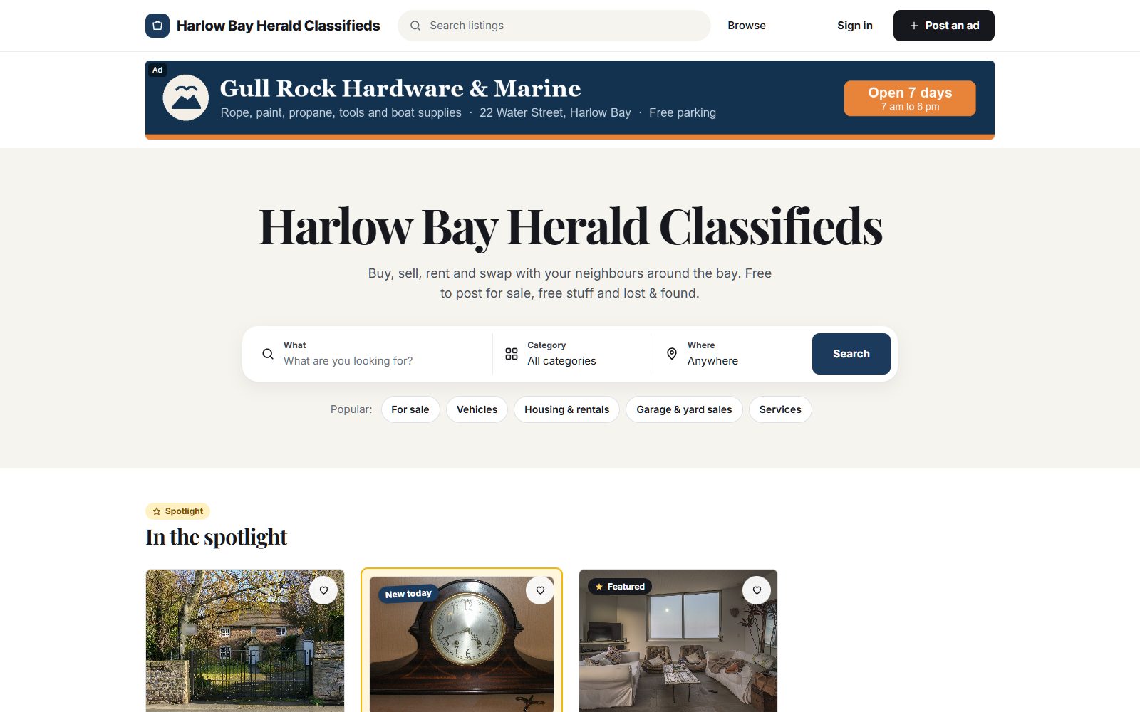 The home page of Harlow Bay Herald classifieds, a demo local ads site made with Yclas