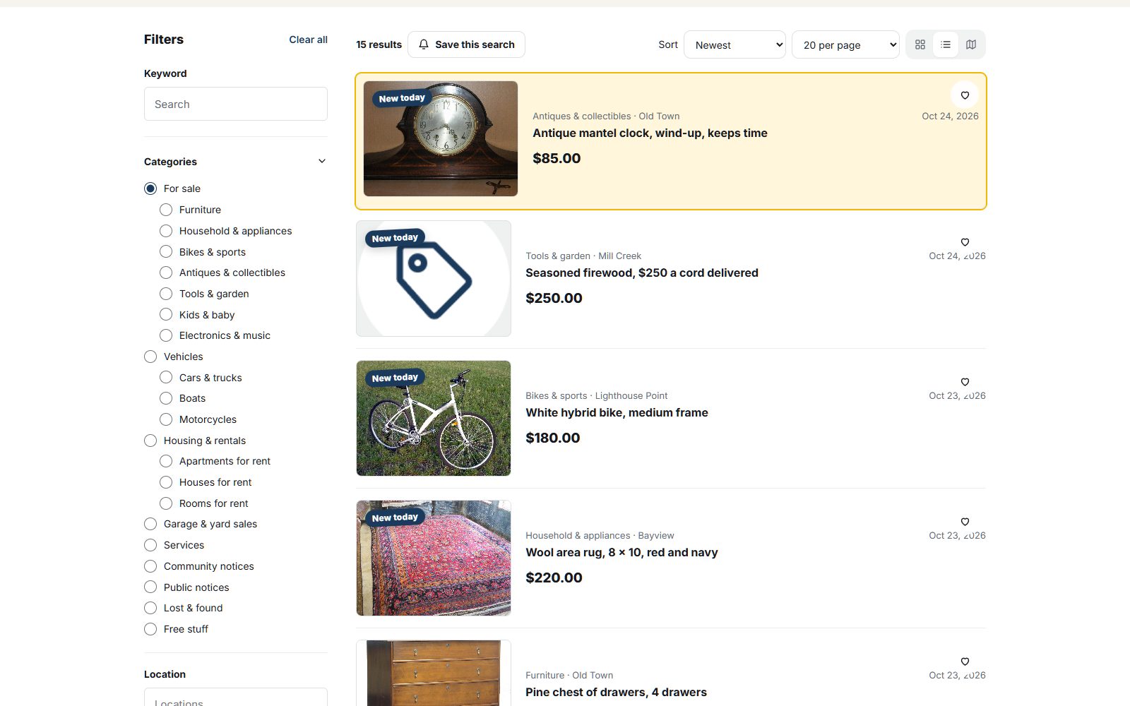 A newspaper classifieds category with listings, prices and places