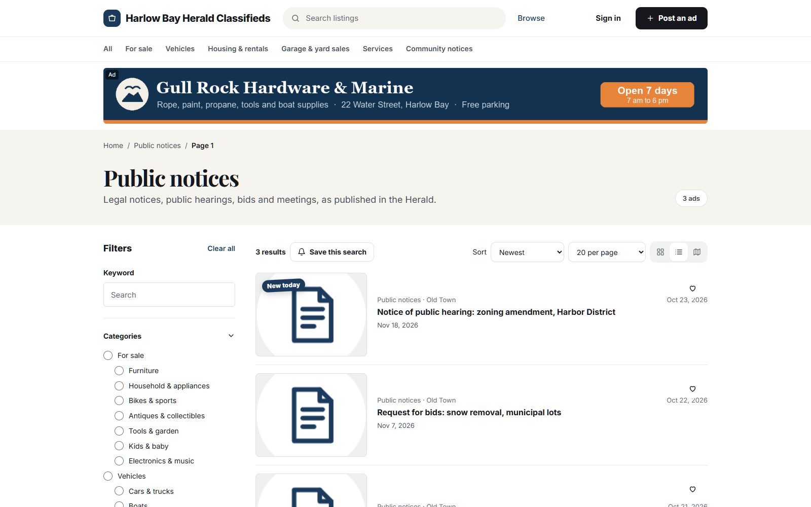 A local notices page with events, lost and found and announcements