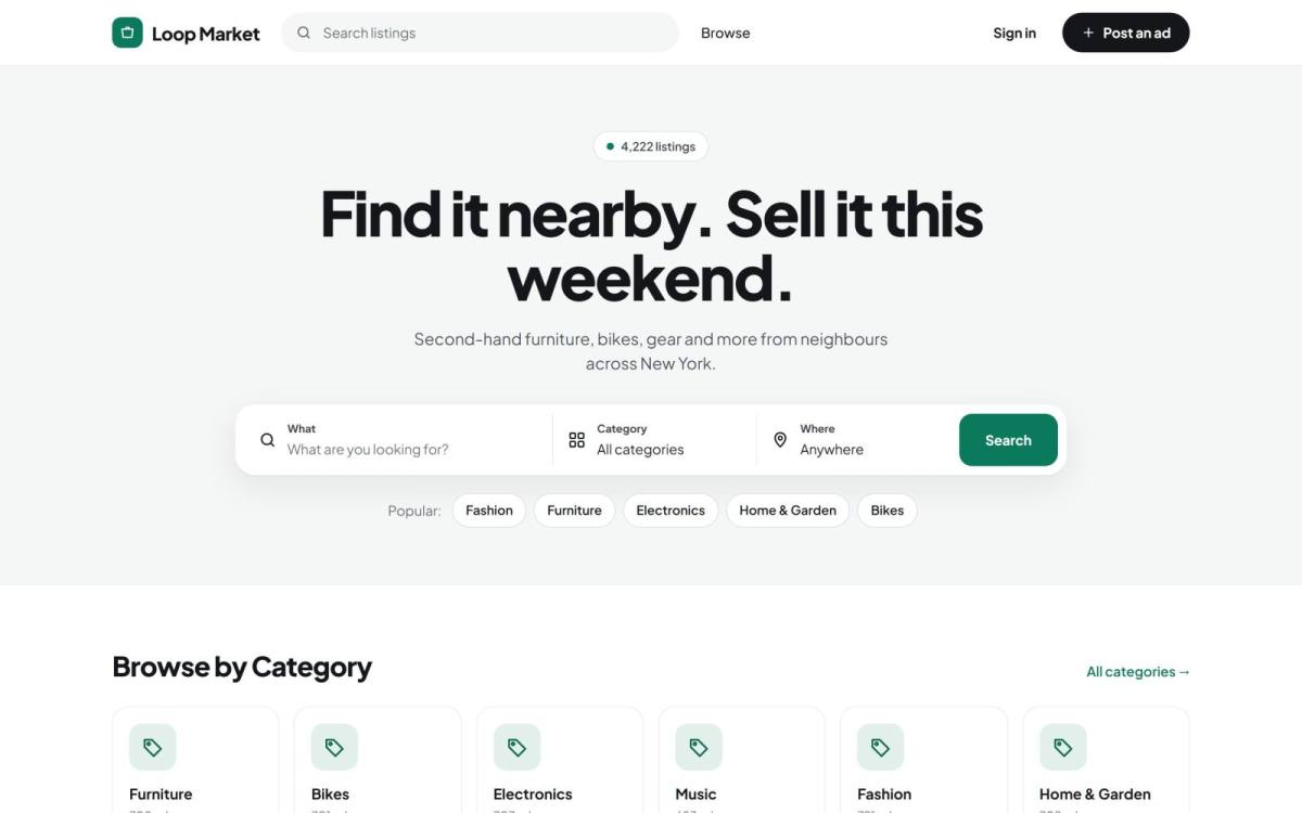 An example local buy and sell home page on Yclas