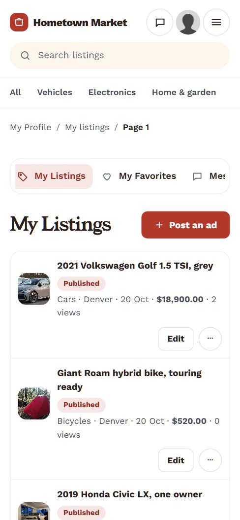 My Listings on a phone, with status and views
