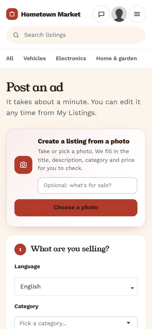 The post a listing page on a phone, with Create a listing from a photo