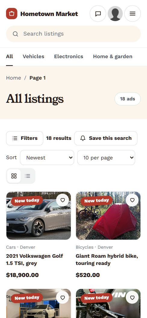 Search results on a phone, with filters and Save this search