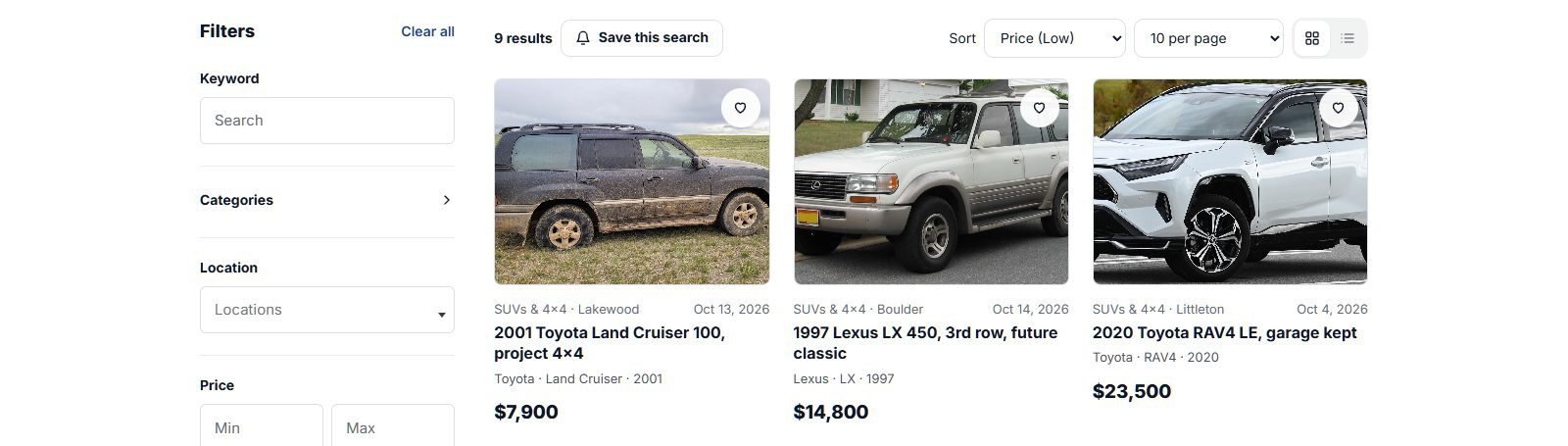 Søgeresultater for SUV'er og 4x4'ere sorteret efter pris
