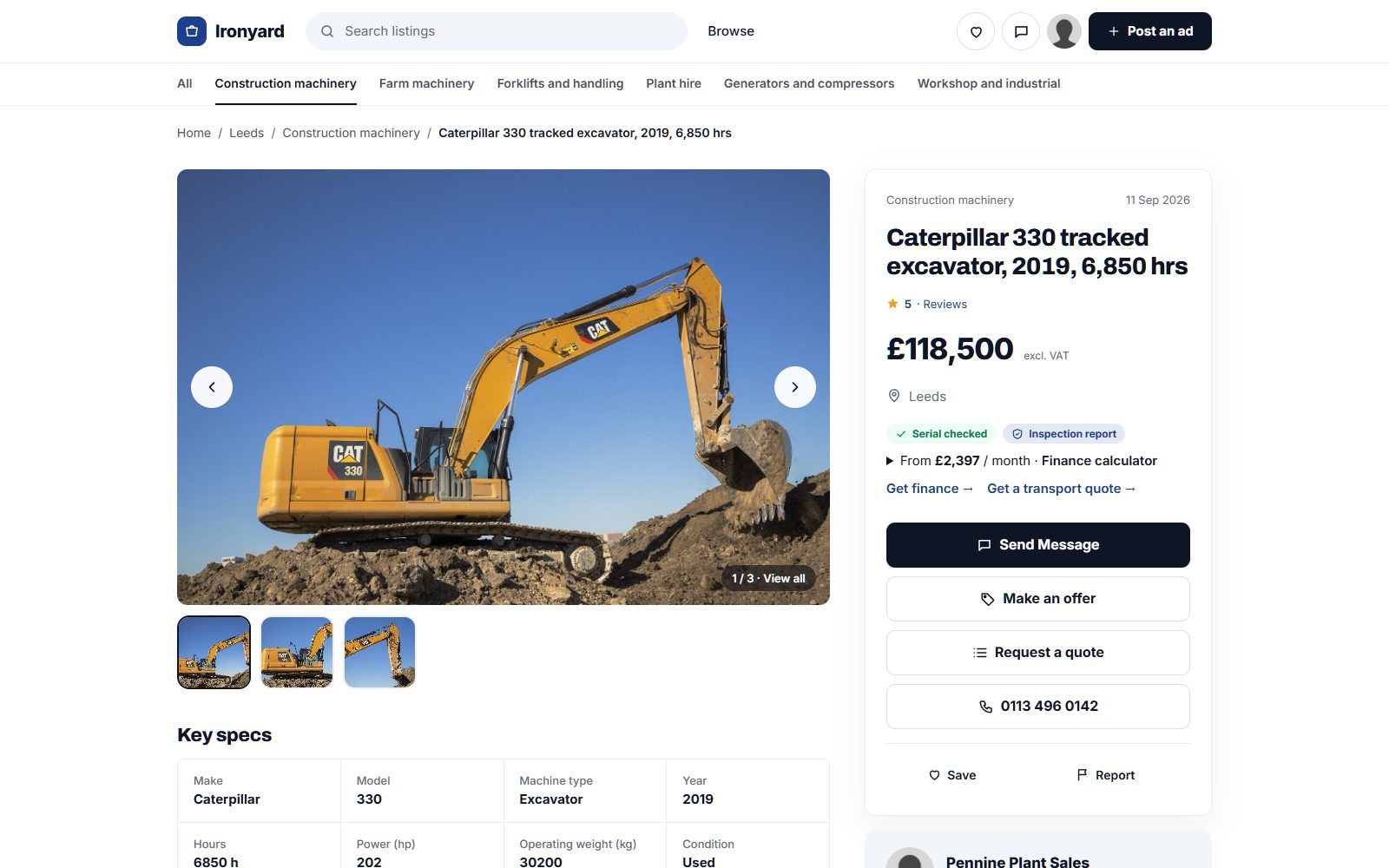 Обява за машина в Ironyard, демо онлайн пазар за оборудване, създаден с Yclas