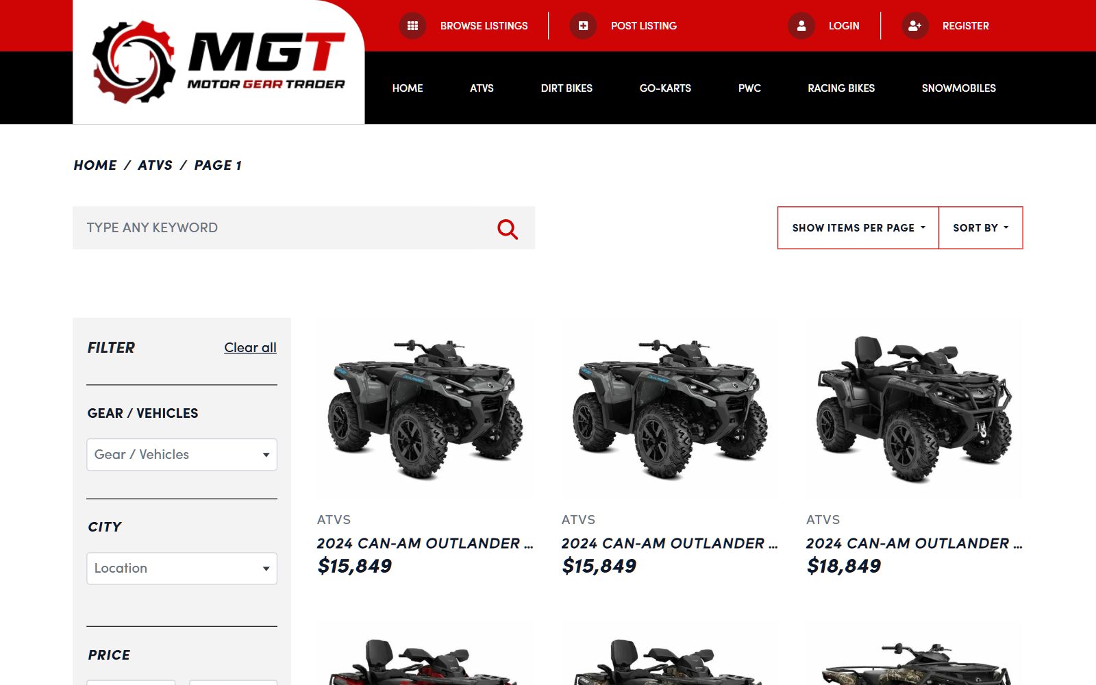 The ATVs category on Motor Gear Trader, with filters and prices