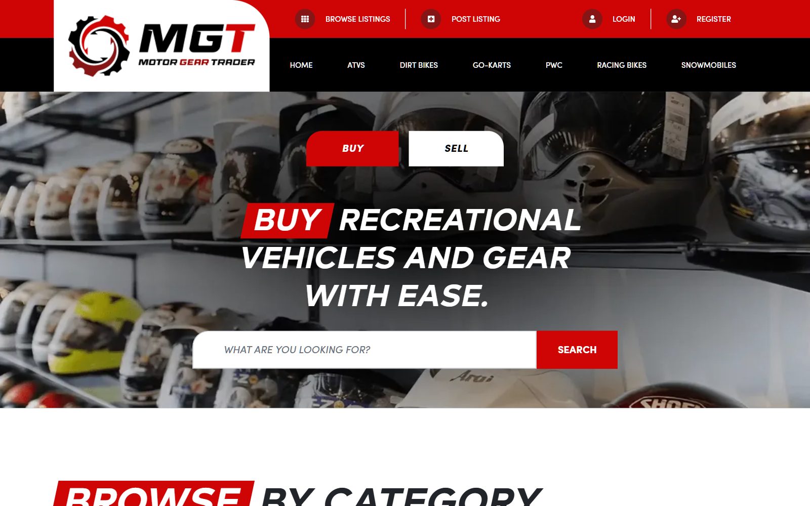 The home page of Motor Gear Trader, a powersports marketplace made with Yclas