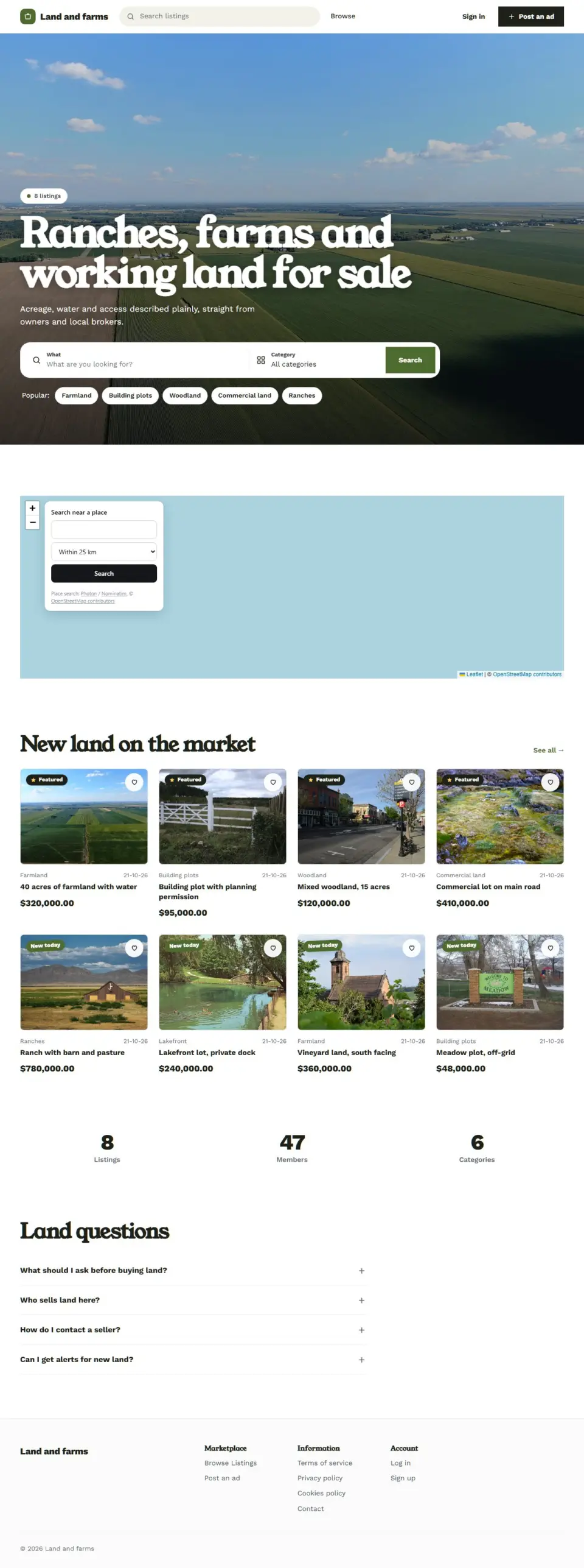 The Acreage template, home page filled in with sample listings