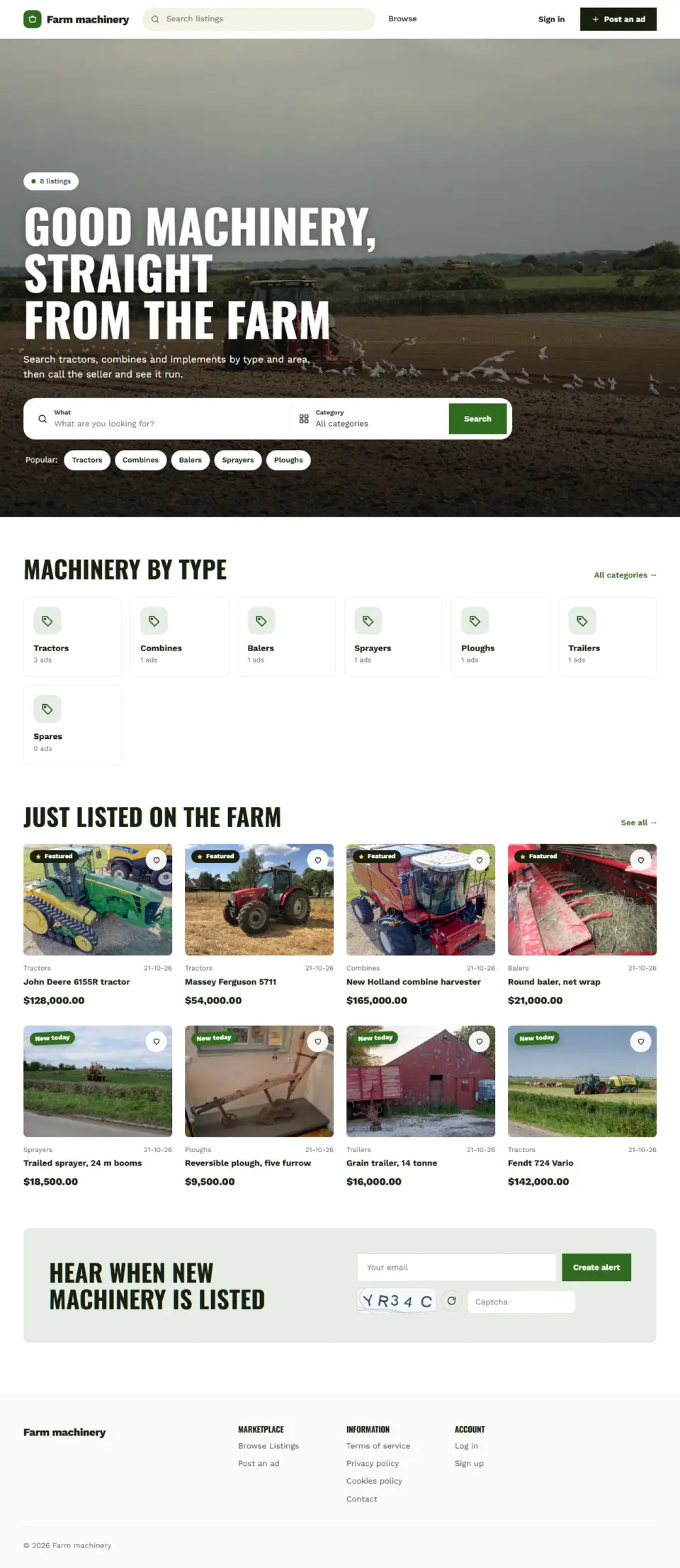 The Agri template, home page filled in with sample listings