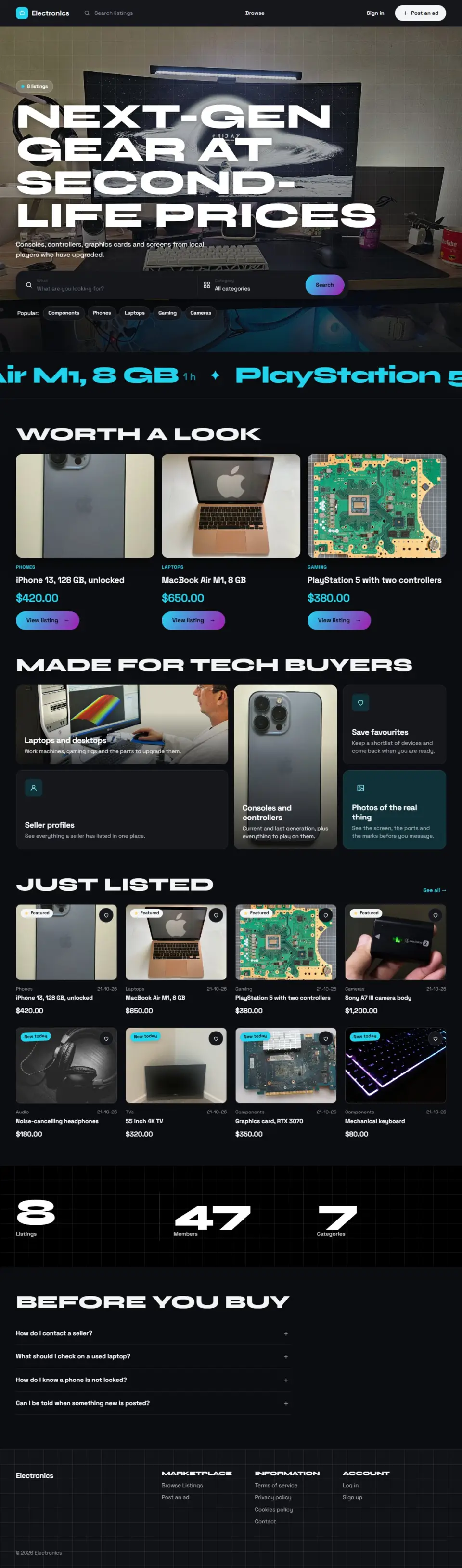 The Arcade template, home page filled in with sample listings