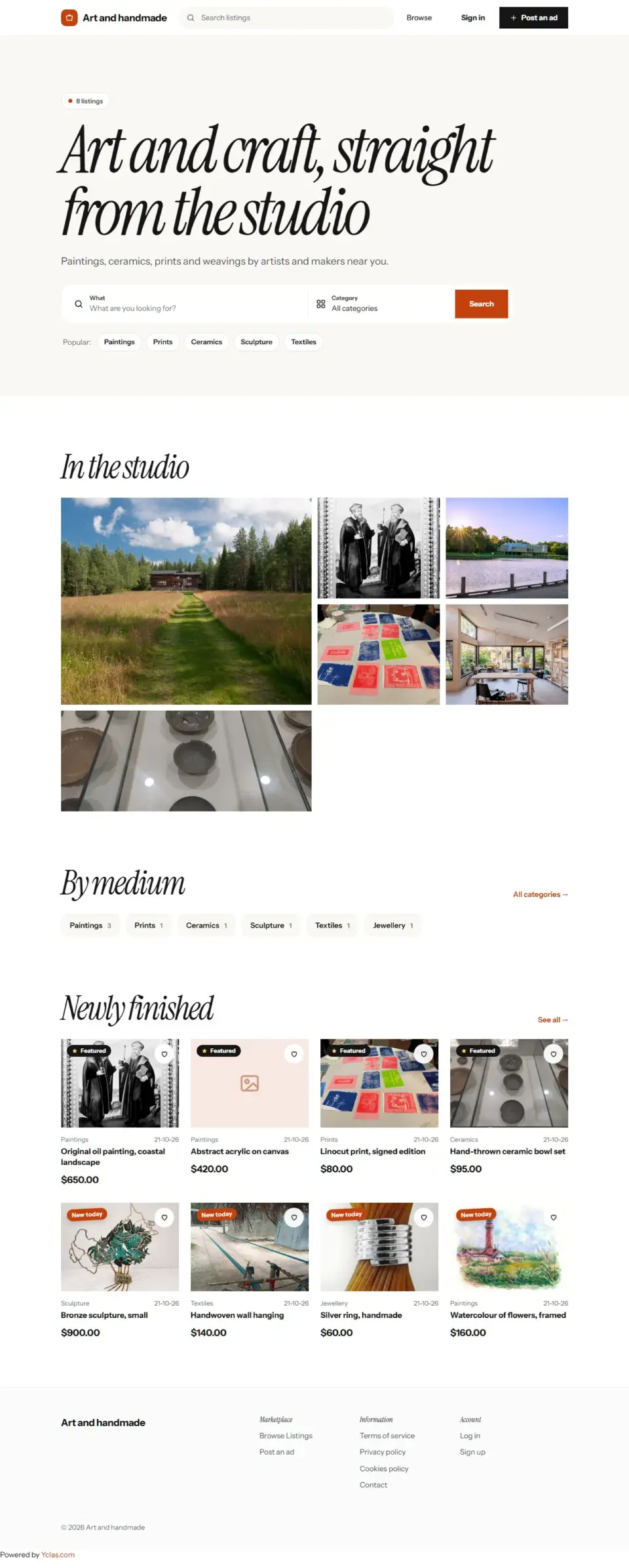 The Atelier template, home page filled in with sample listings