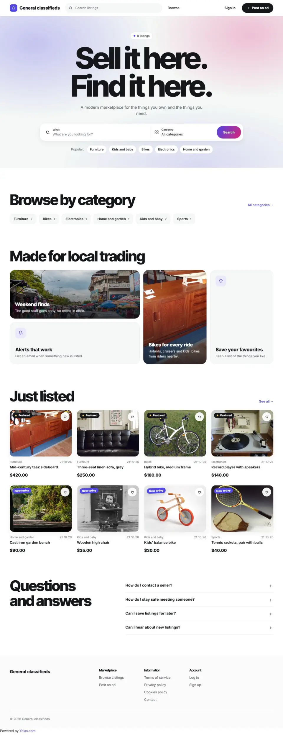 The Aurora template, home page filled in with sample listings