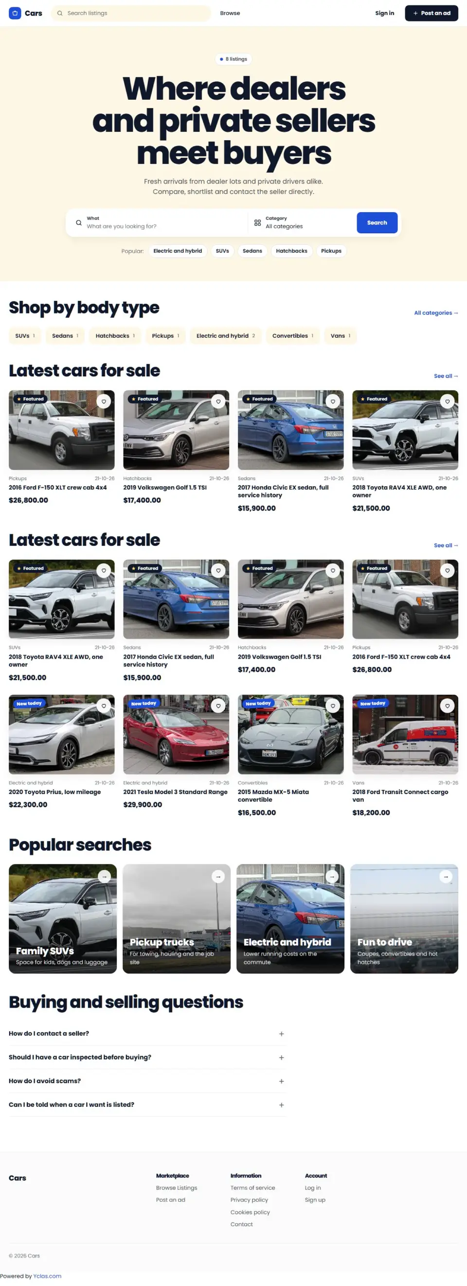 The Autoplaza template, home page filled in with sample listings