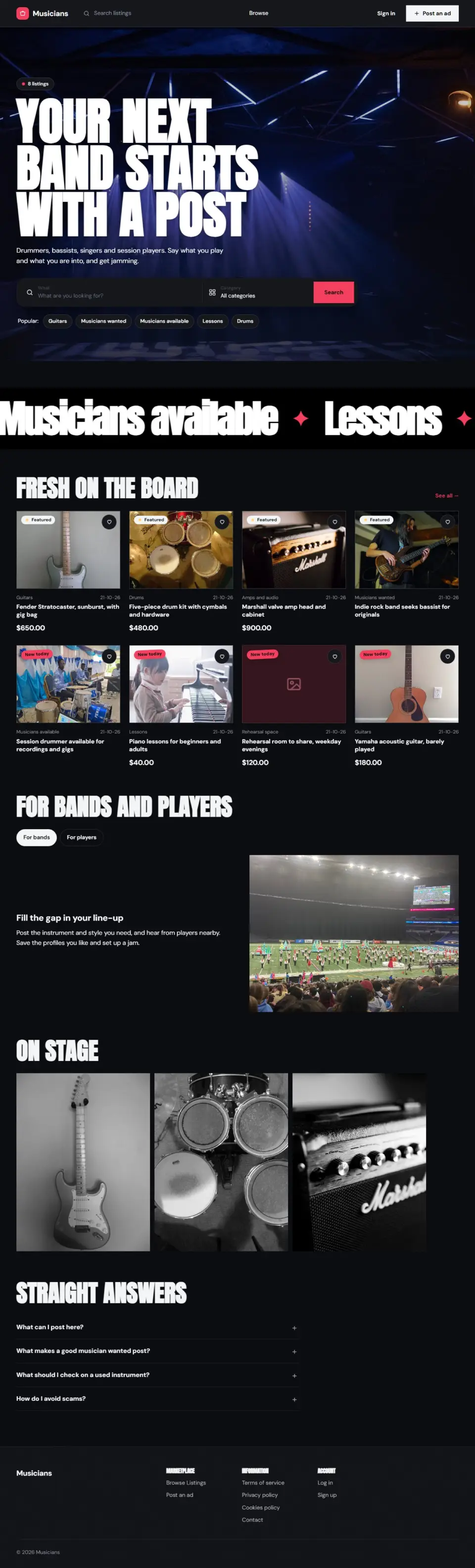 The Bandstand template, home page filled in with sample listings