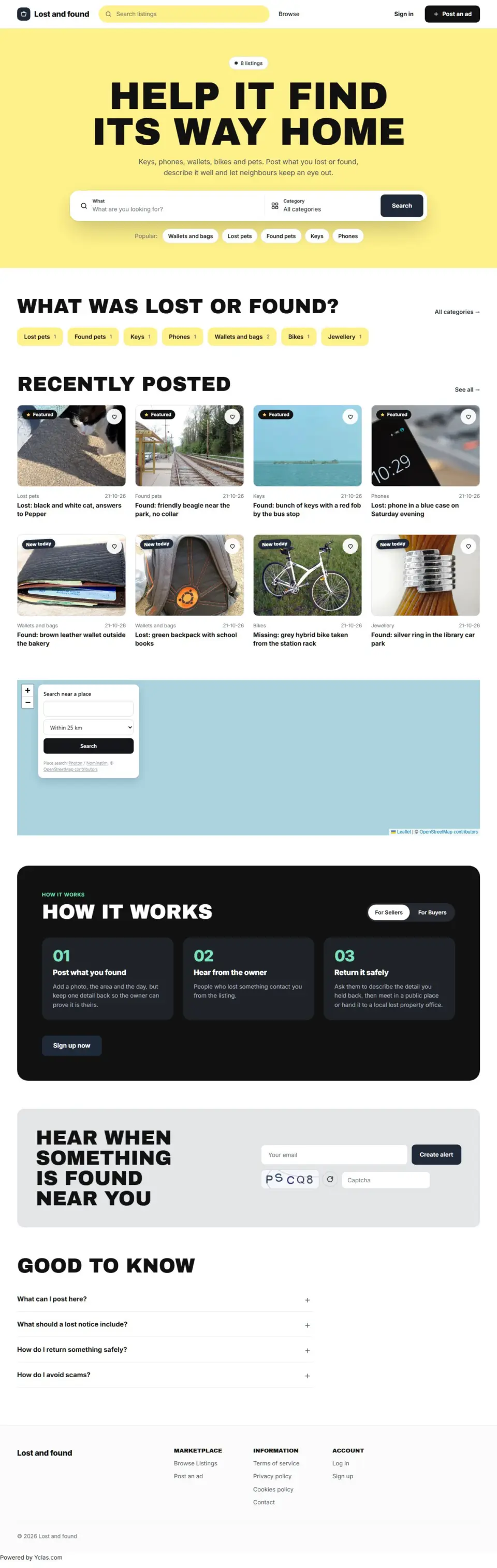 The Beacon template, home page filled in with sample listings