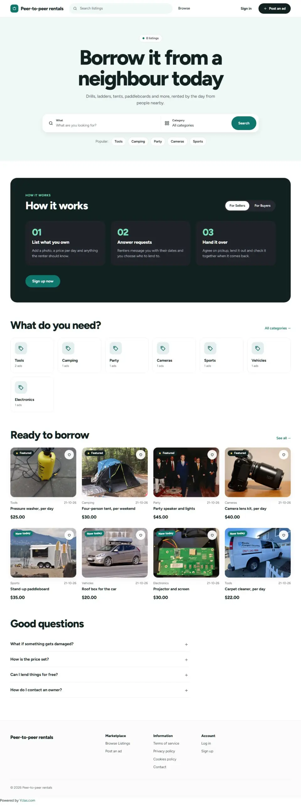The Borrow template, home page filled in with sample listings