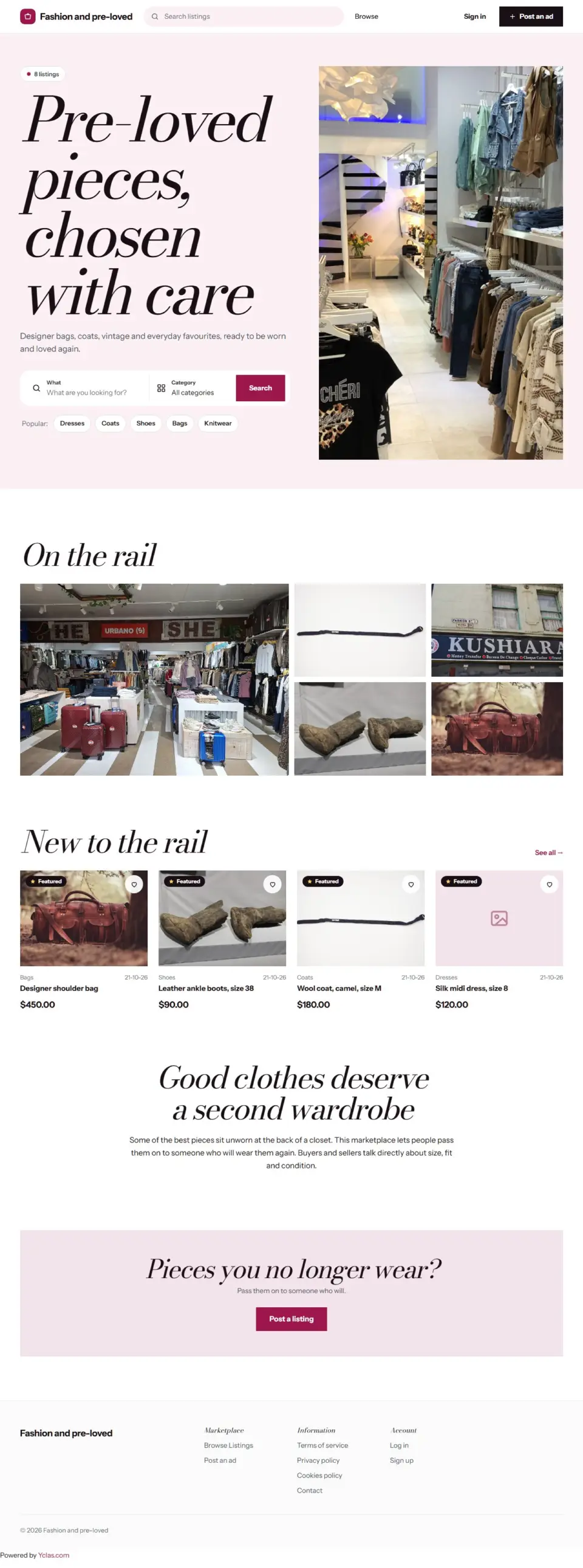 The Boutique template, home page filled in with sample listings