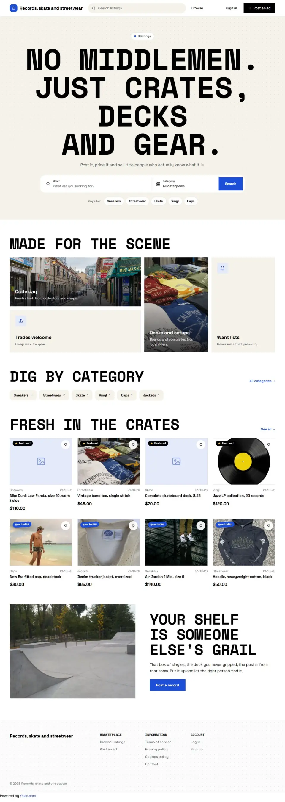 The Brutal template, home page filled in with sample listings