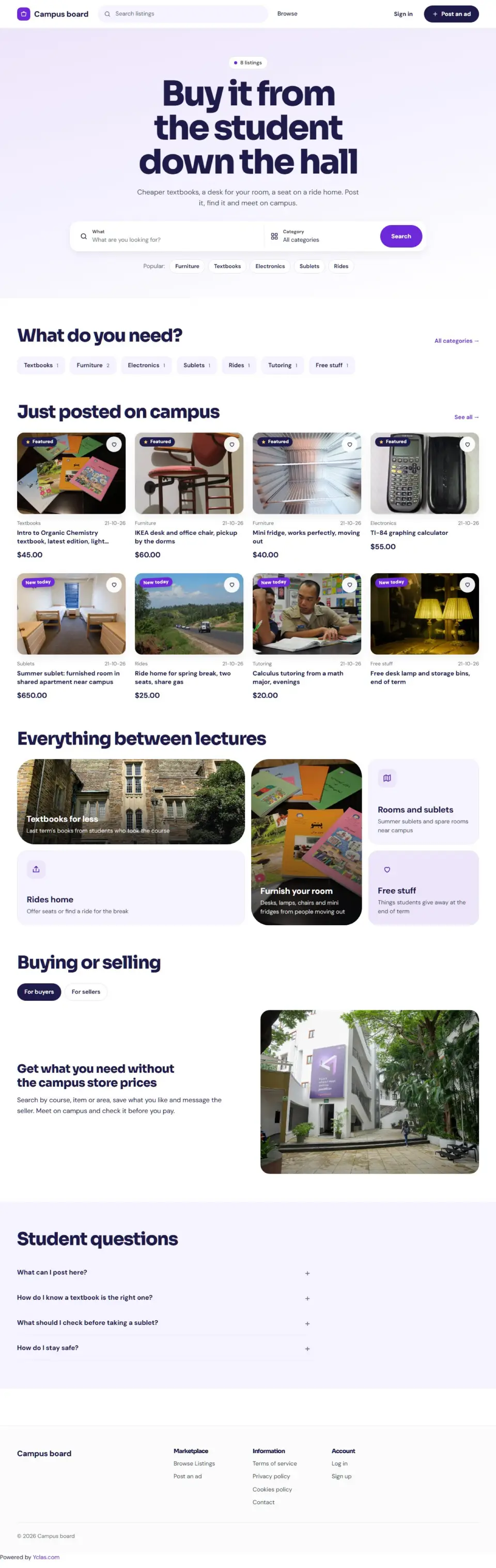 The Campus template, home page filled in with sample listings
