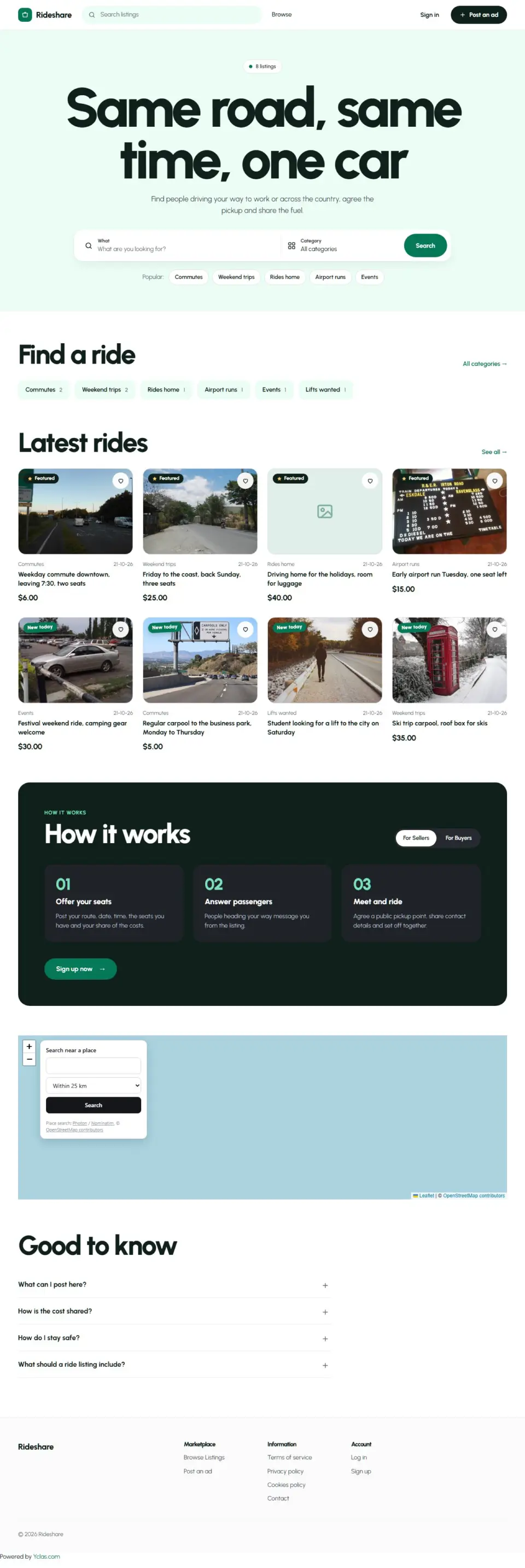 The Carpool template, home page filled in with sample listings