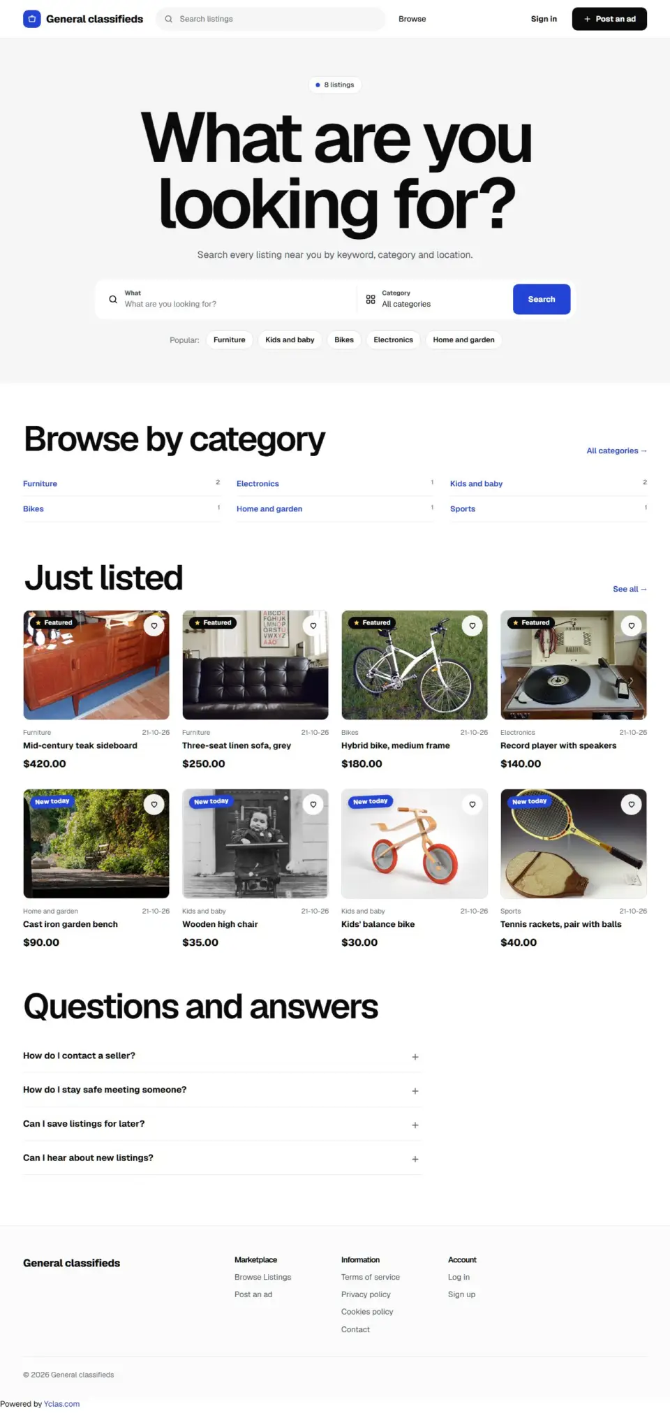 The Clarity template, home page filled in with sample listings