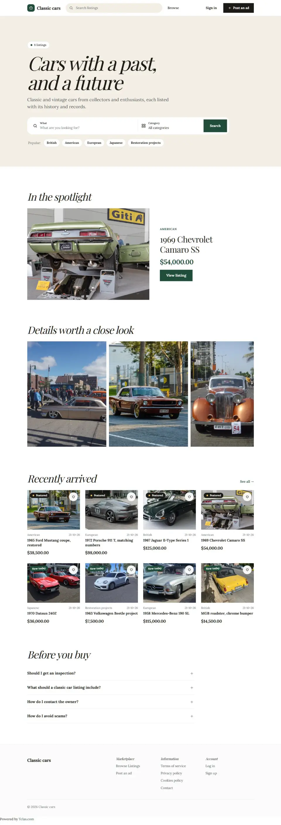 The Classic template, home page filled in with sample listings