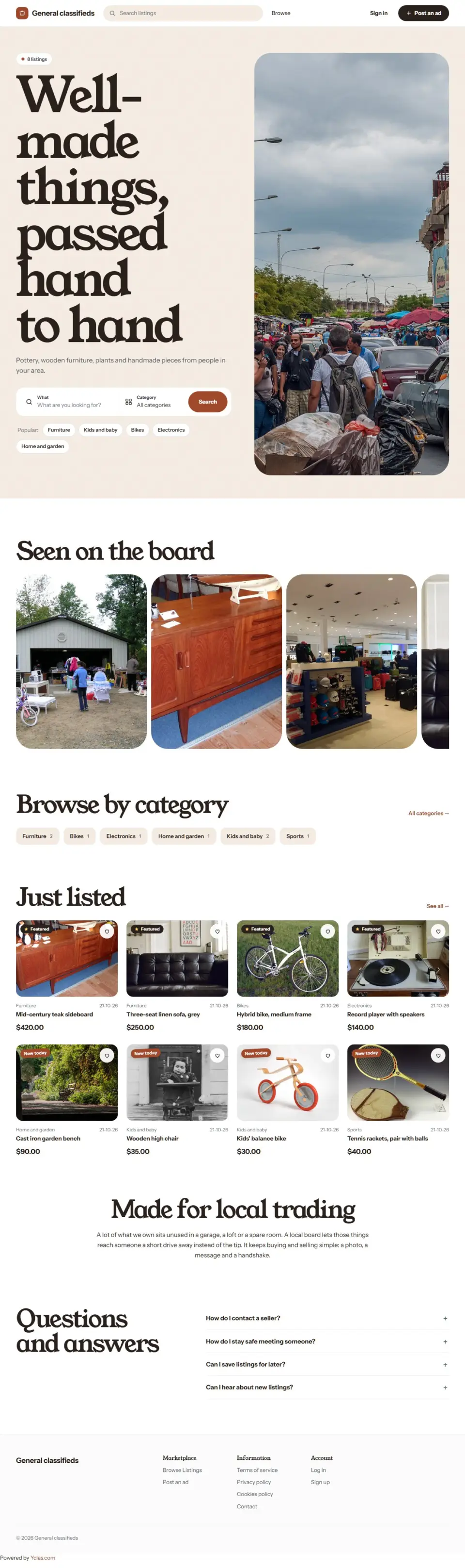 The Clay template, home page filled in with sample listings