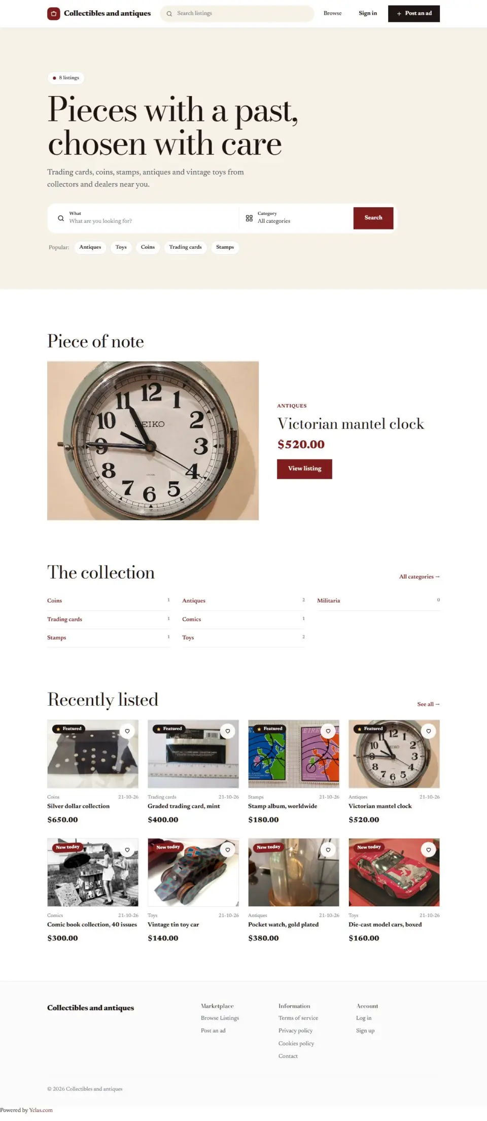 The Collector template, home page filled in with sample listings