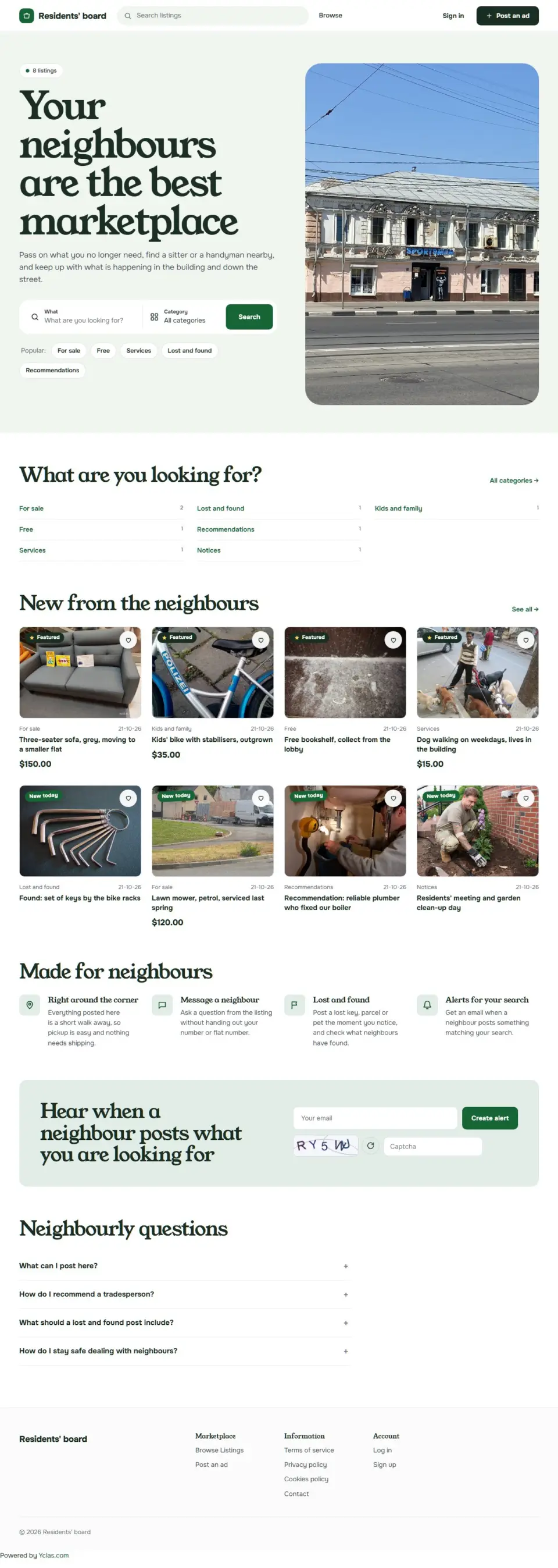 The Commons template, home page filled in with sample listings