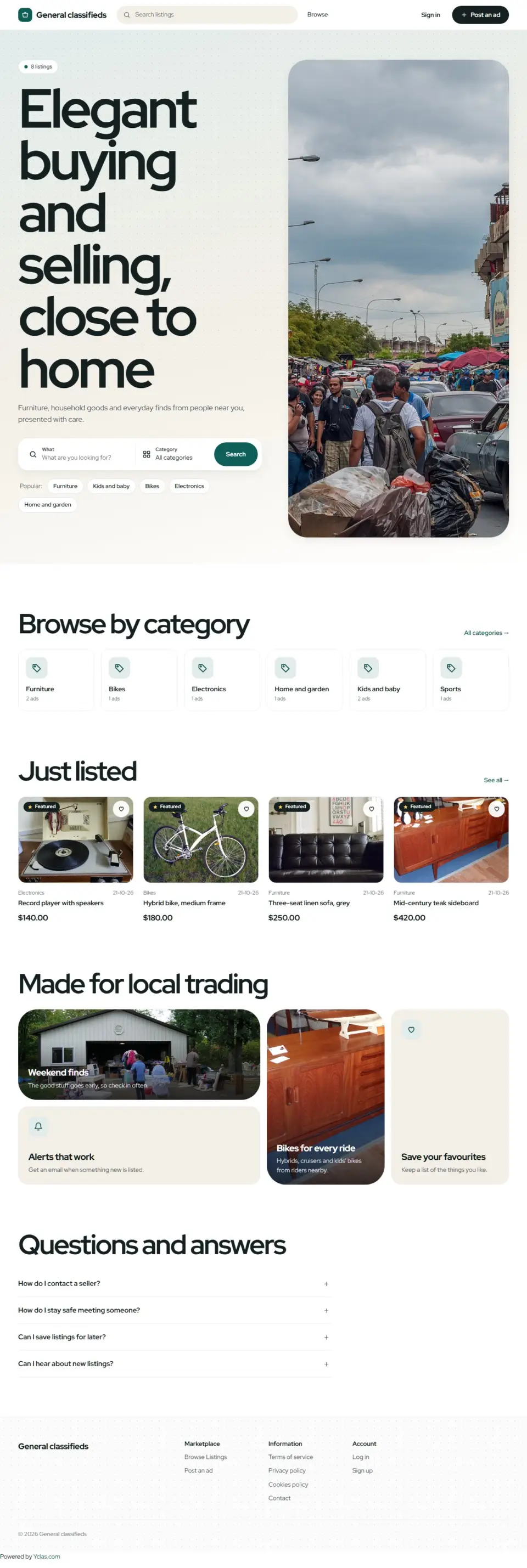 The Crescent template, home page filled in with sample listings