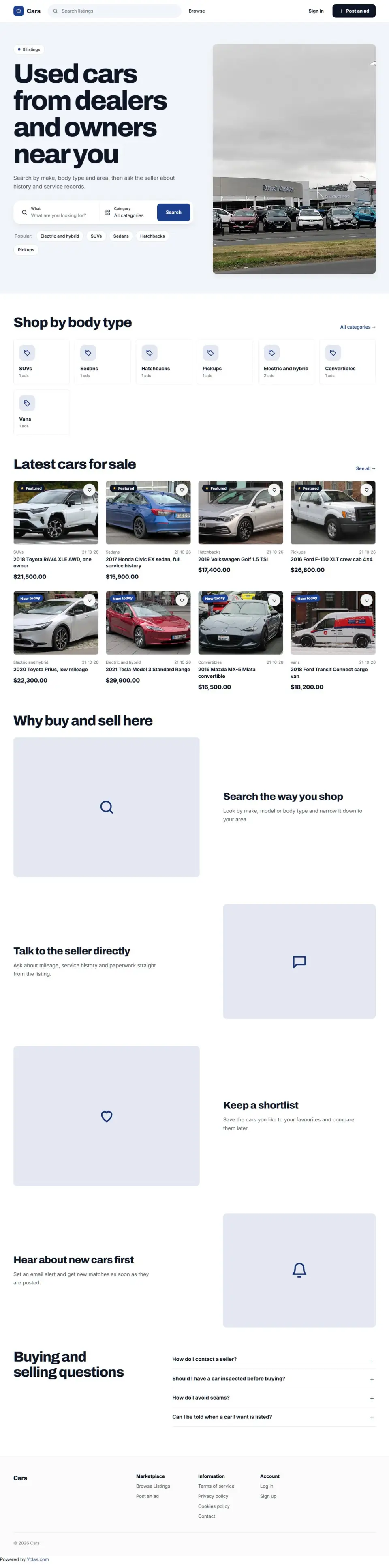 The Dealer template, home page filled in with sample listings
