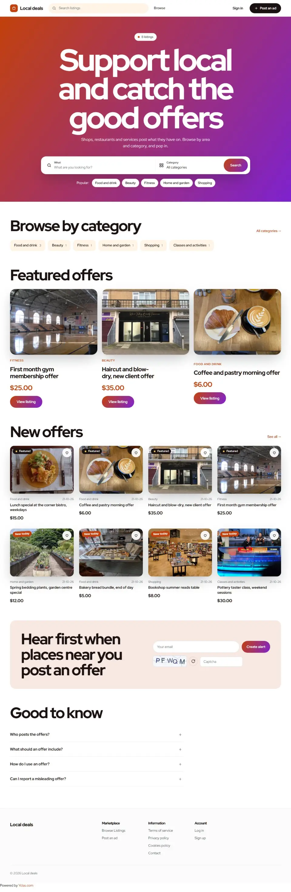 The Deals template, home page filled in with sample listings