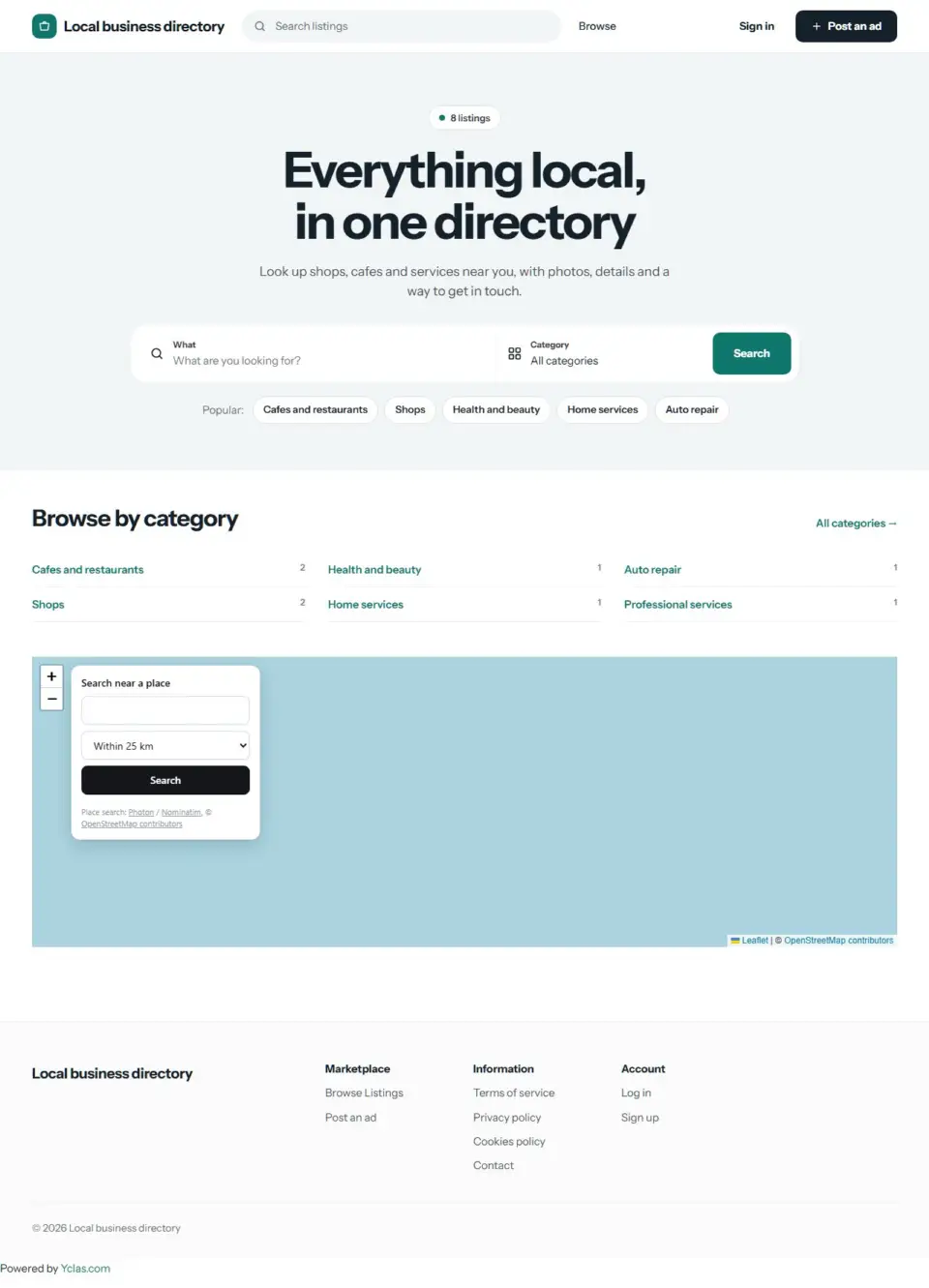 The Directory template, home page filled in with sample listings