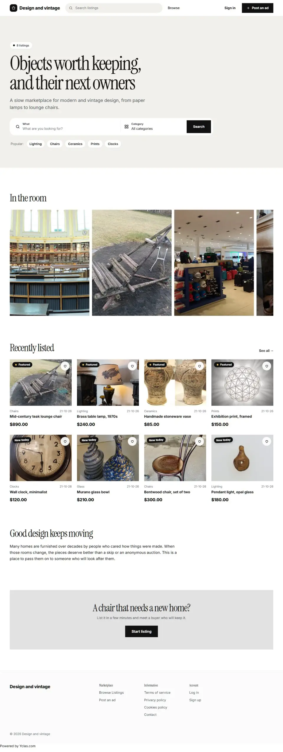 The Editorial template, home page filled in with sample listings