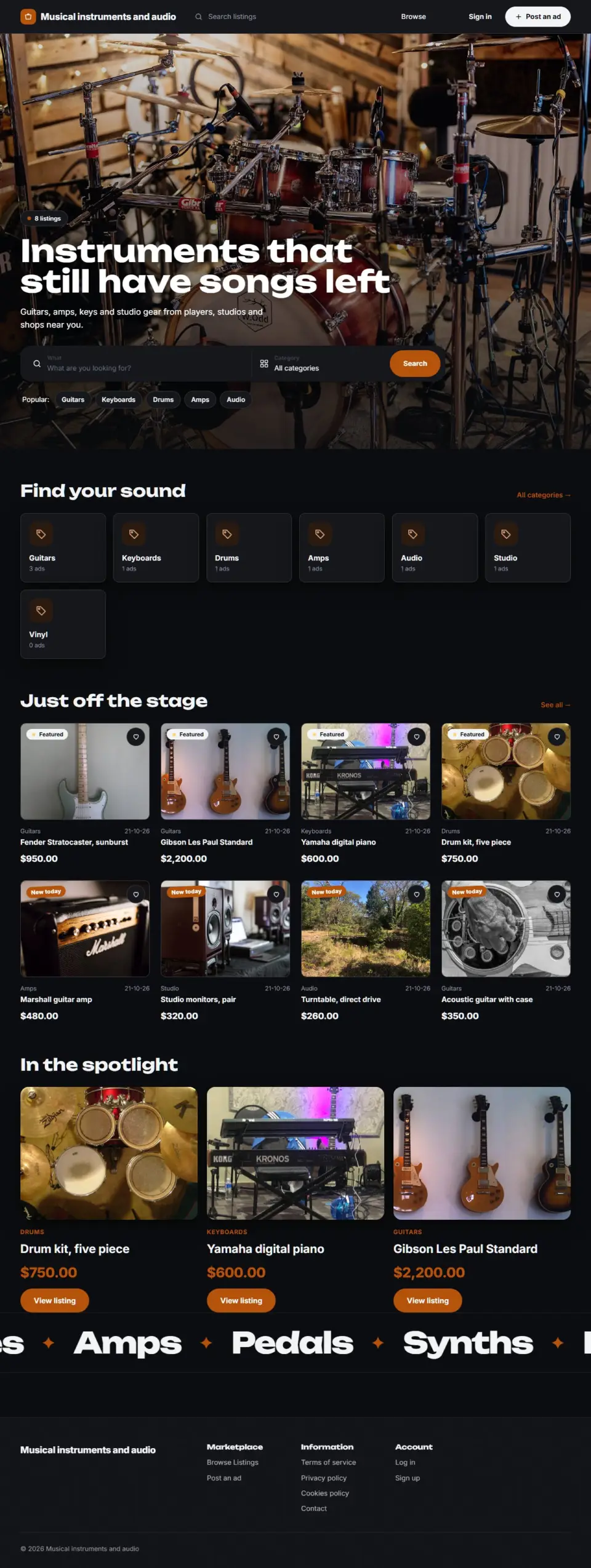 The Encore template, home page filled in with sample listings