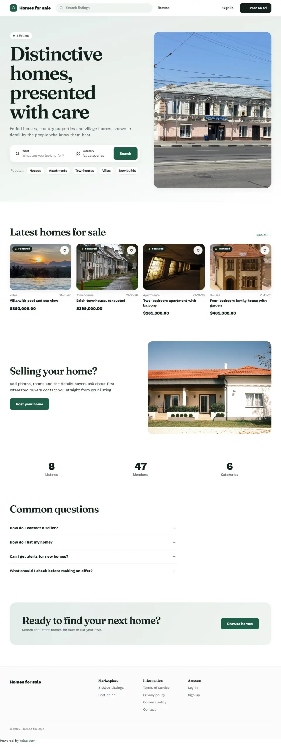 The Estate template, home page filled in with sample listings