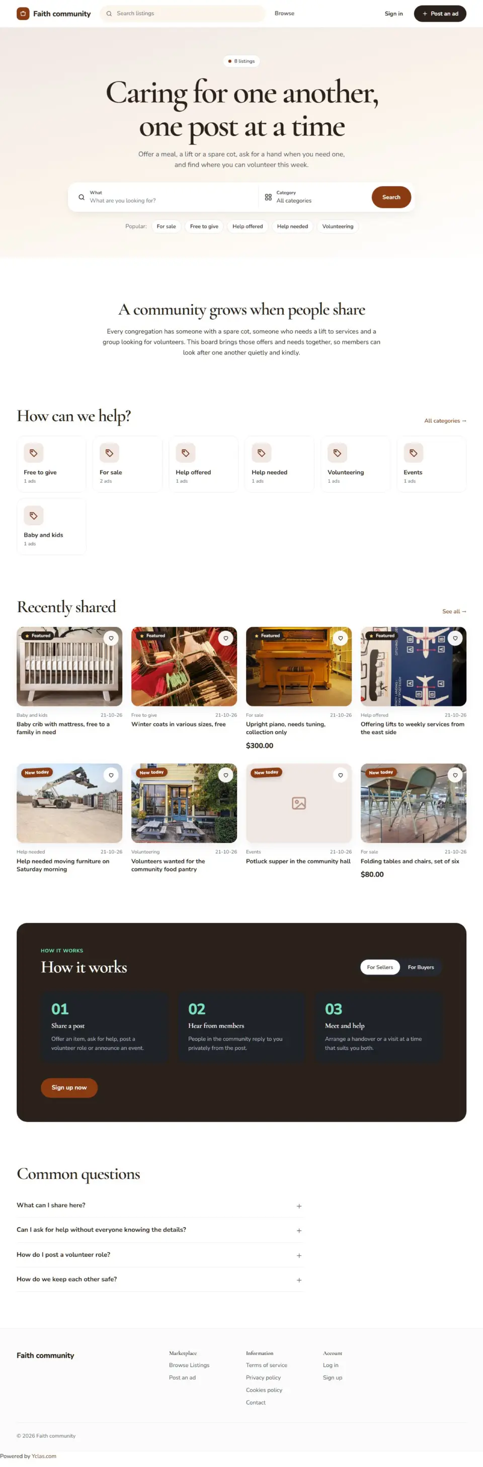 The Fellowship template, home page filled in with sample listings