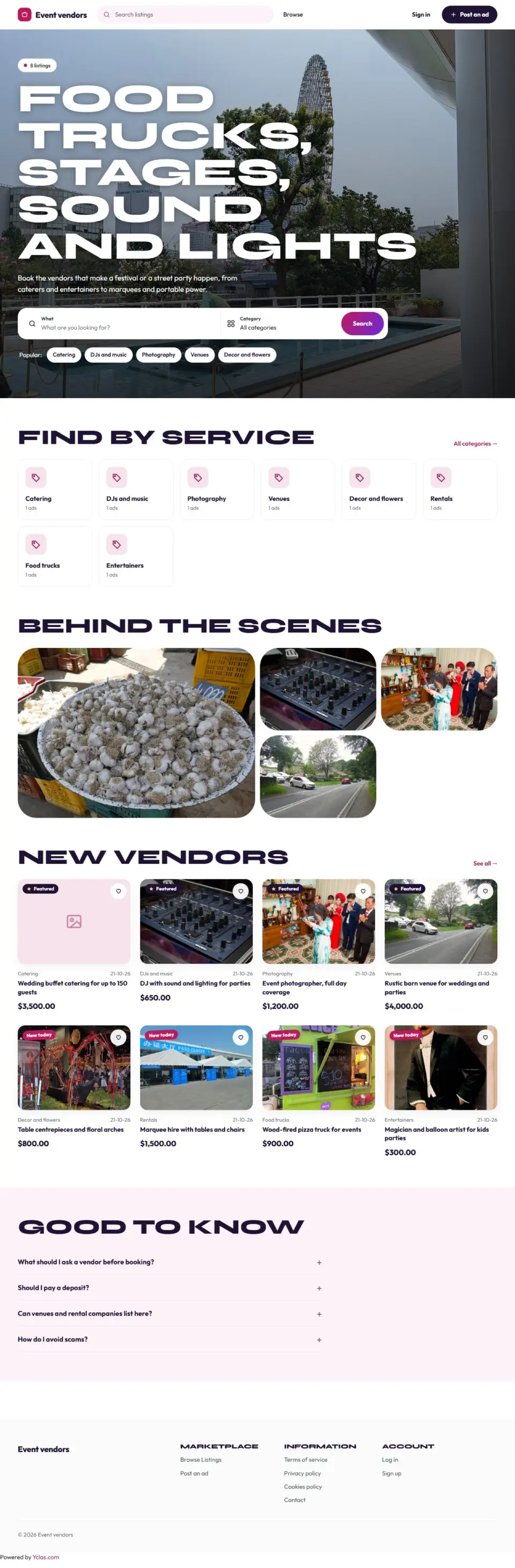 The Festival template, home page filled in with sample listings