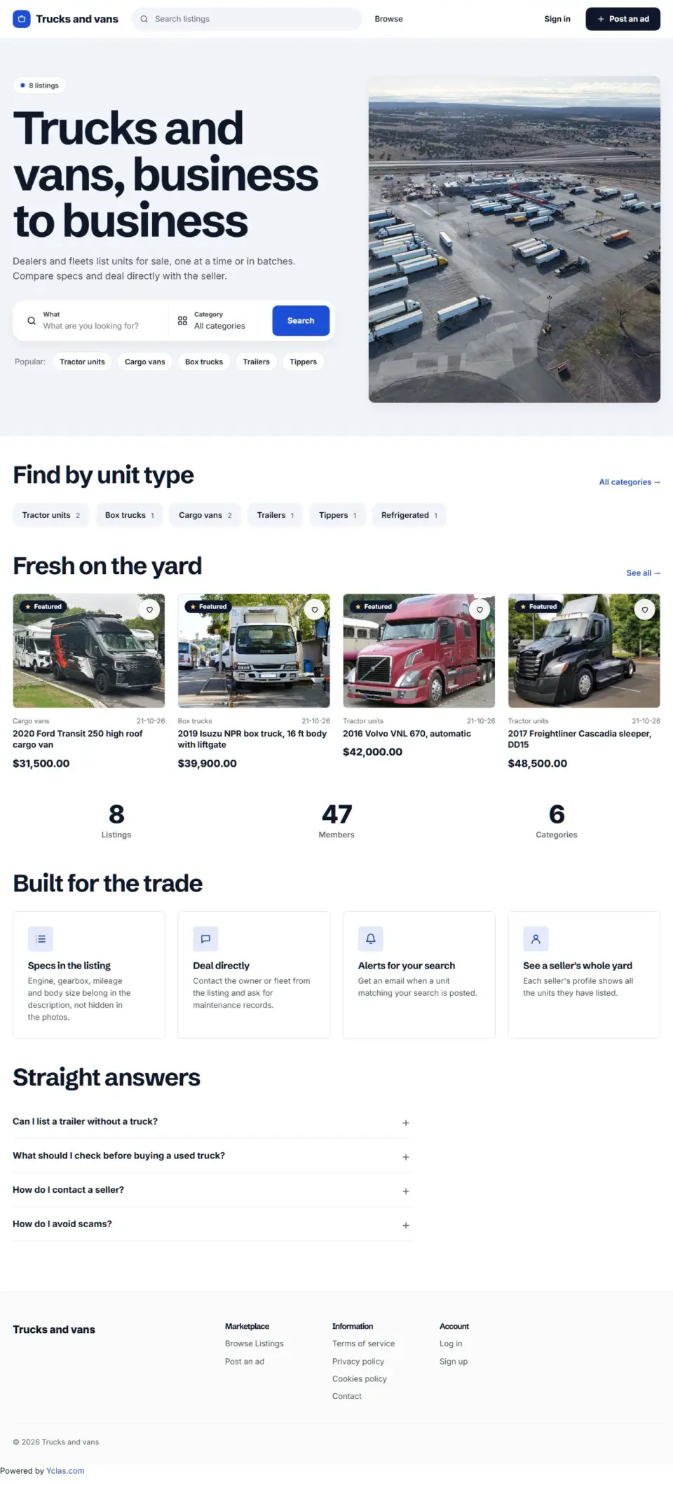 The Fleet template, home page filled in with sample listings