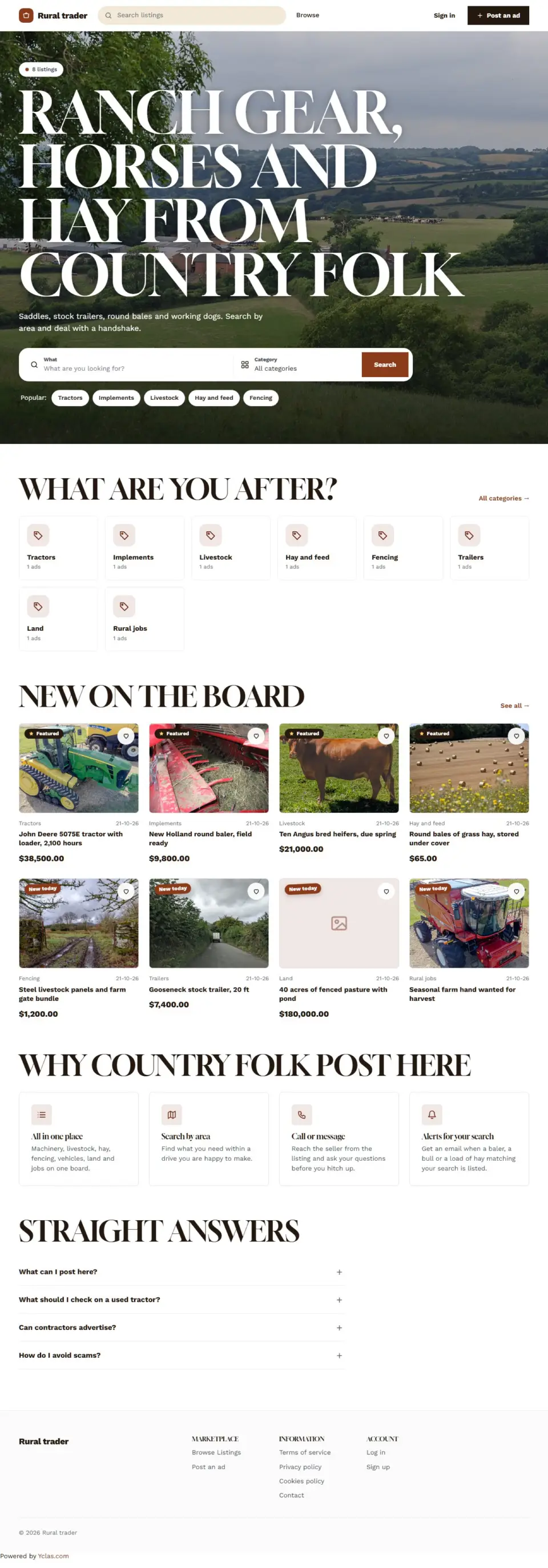 The Frontier template, home page filled in with sample listings