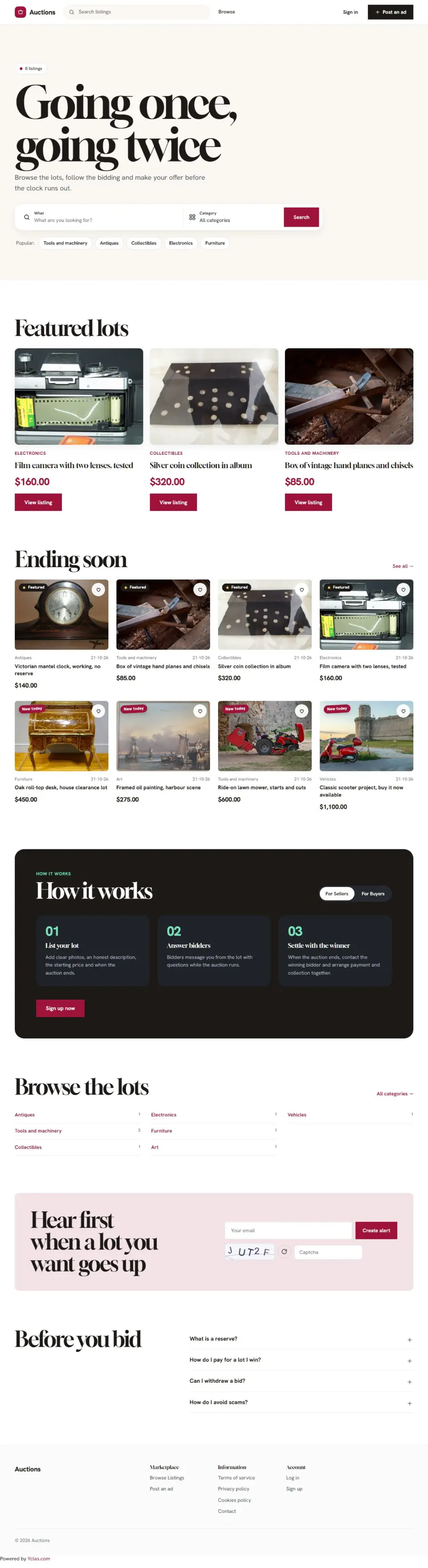 The Gavel template, home page filled in with sample listings