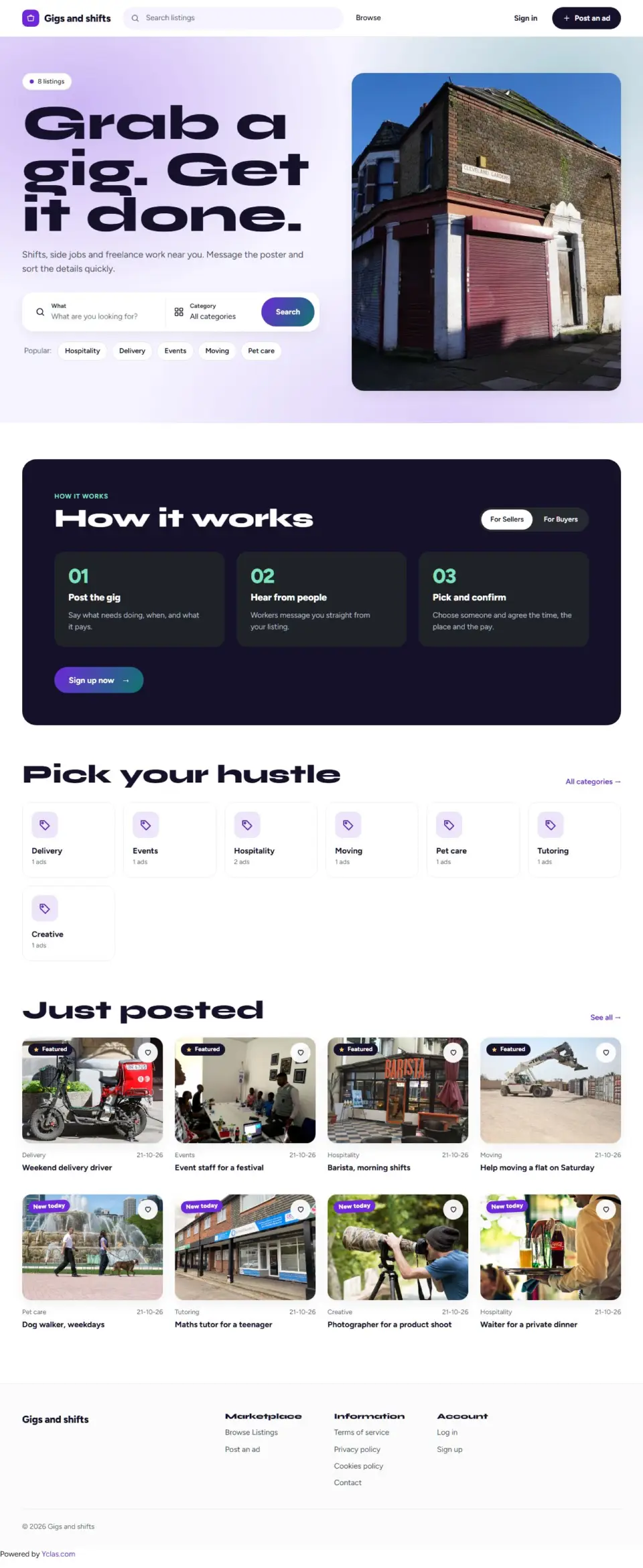 The Gigs template, home page filled in with sample listings