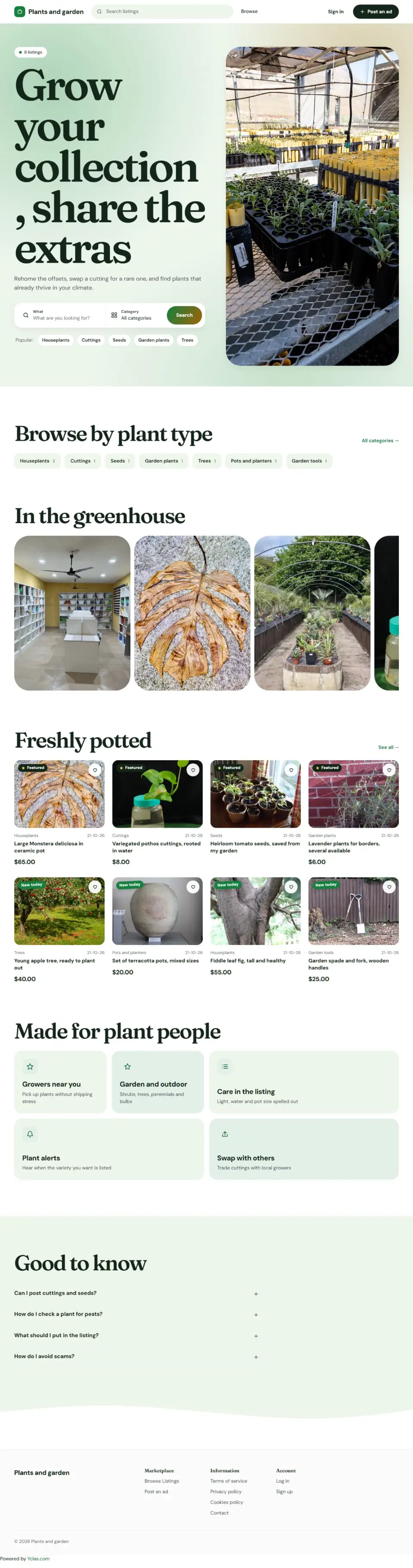 The Greenhouse template, home page filled in with sample listings