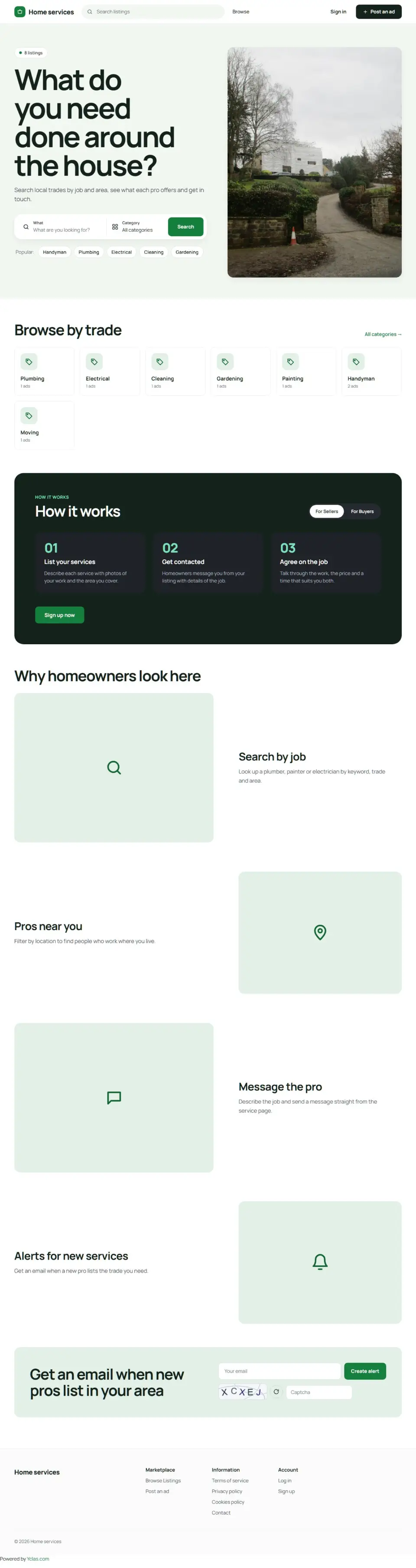 The Handyman template, home page filled in with sample listings