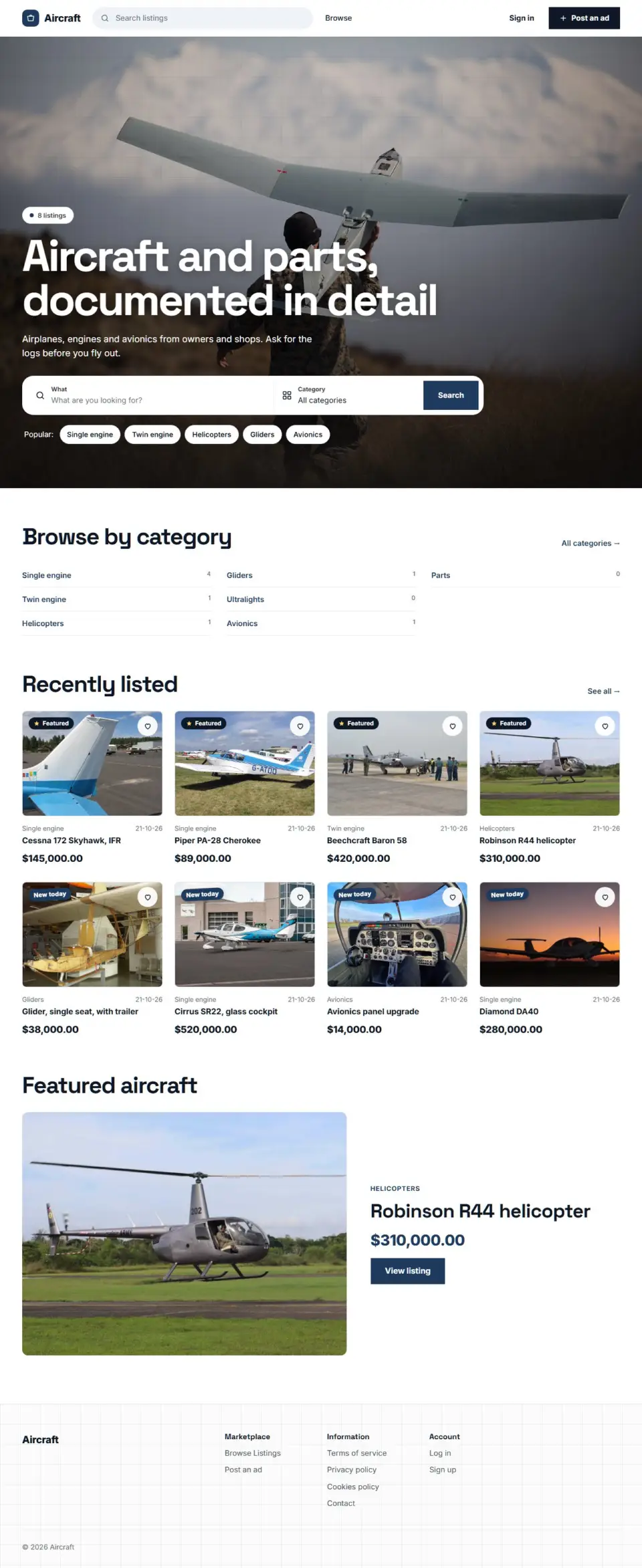 The Hangar template, home page filled in with sample listings