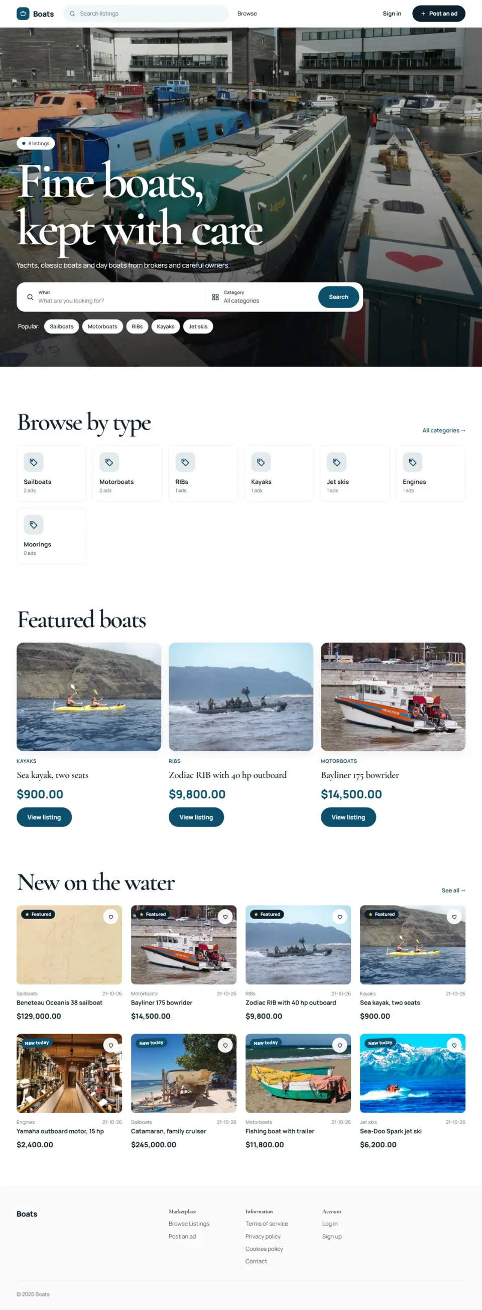 The Harbour template, home page filled in with sample listings